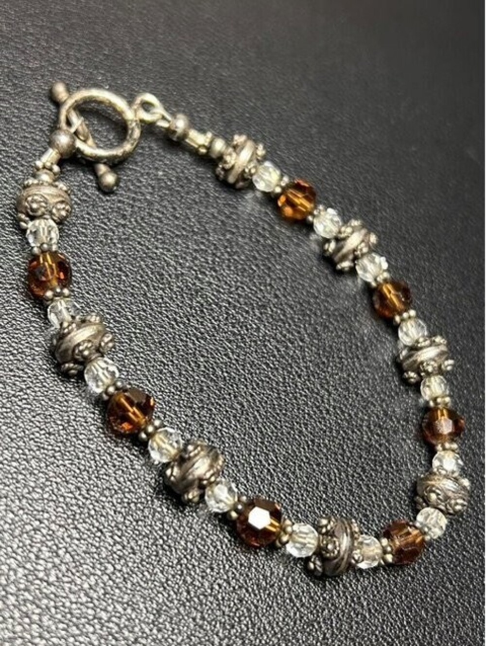 B6240 Ornate Beaded Bracelet Sterling Silver   Faceted Crystal Toggle Clasp 7.5"